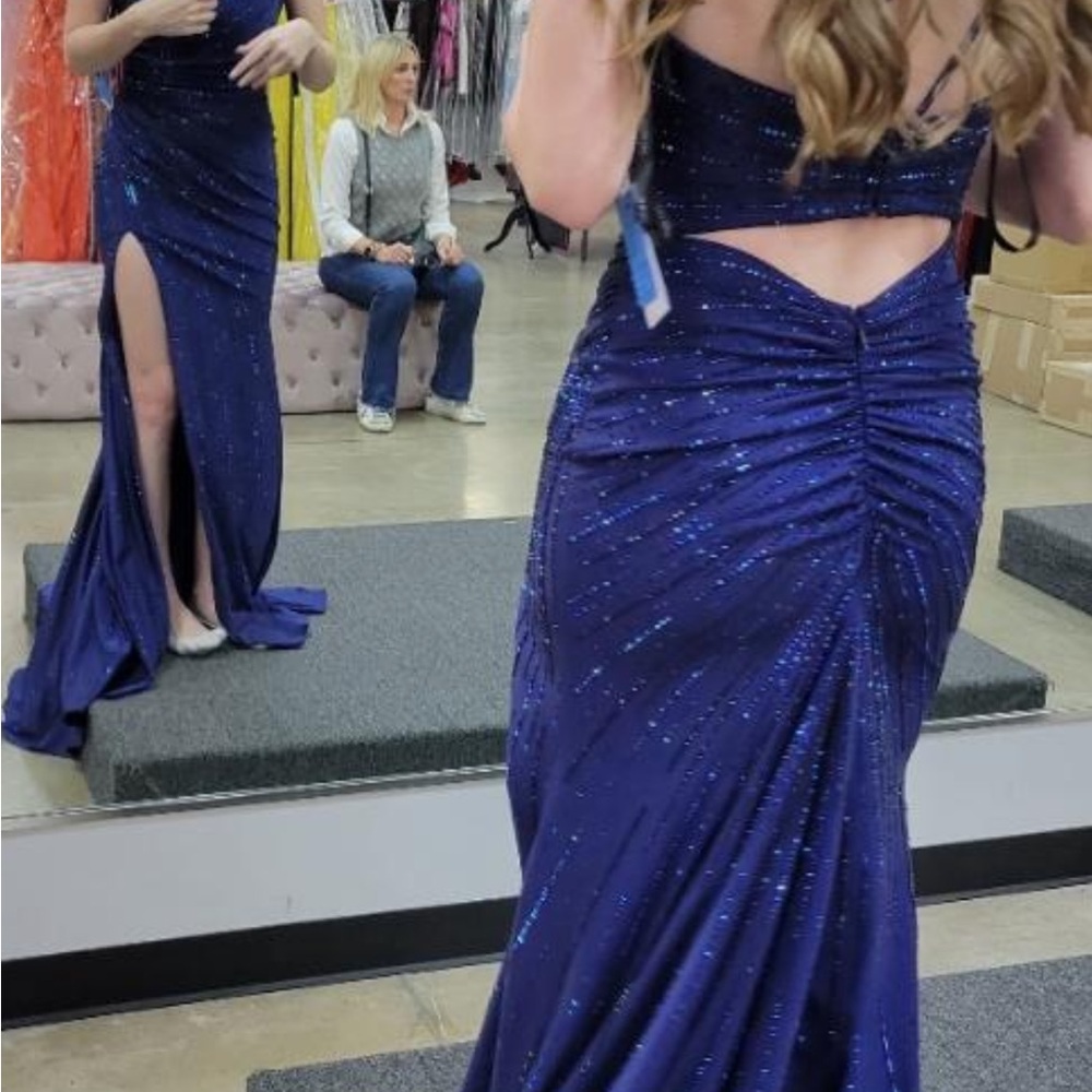 Sherri Hill Navy Blue One Shoulder Prom Gown - Picture 4 of 4